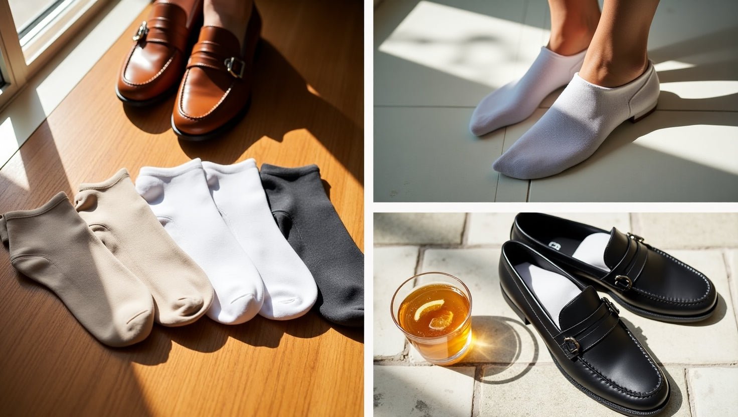 Stylish foot accessories: A collage showcasing a variety of fashionable footwear, socks, and a glass of amber-colored liquid, possibly whiskey, on a marble surface.