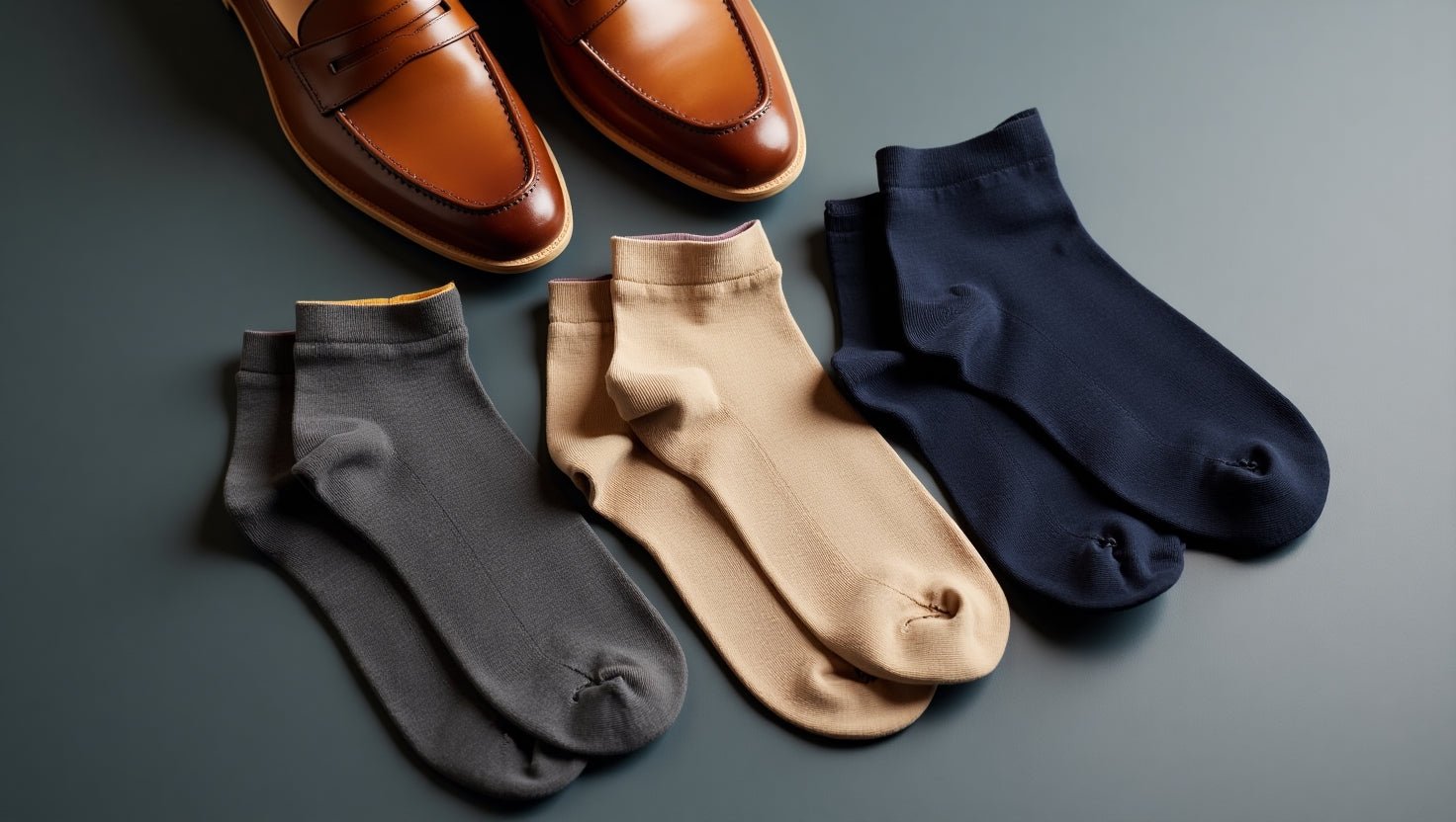 Stylish men's accessories: A close-up view of a set of fashionable leather loafers paired with a selection of complementary socks in neutral tones.