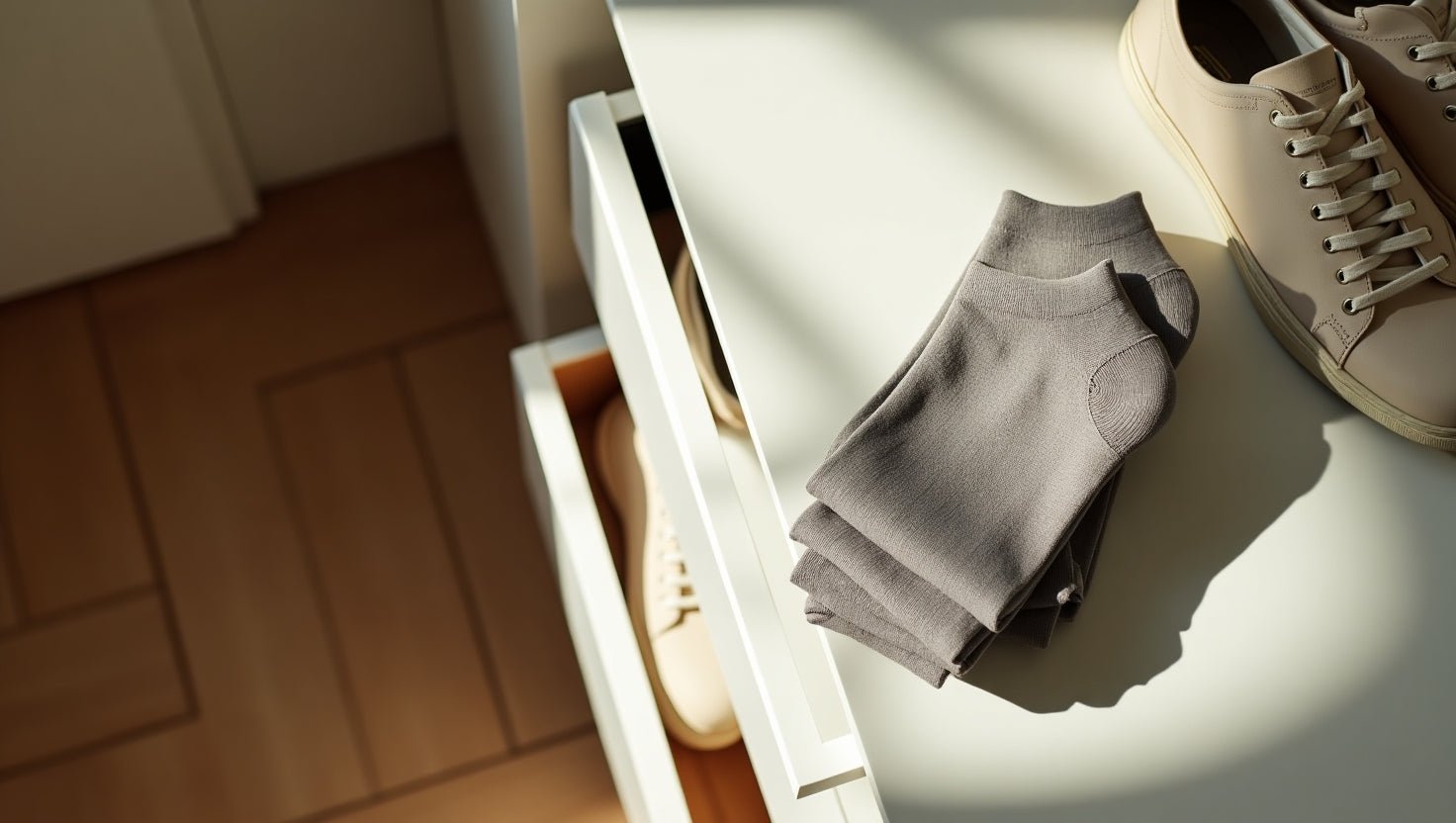 Cozy and comfortable clothing accessories, including socks and shoes, neatly arranged on a wooden shelf, suggesting a sense of tidiness and preparedness.