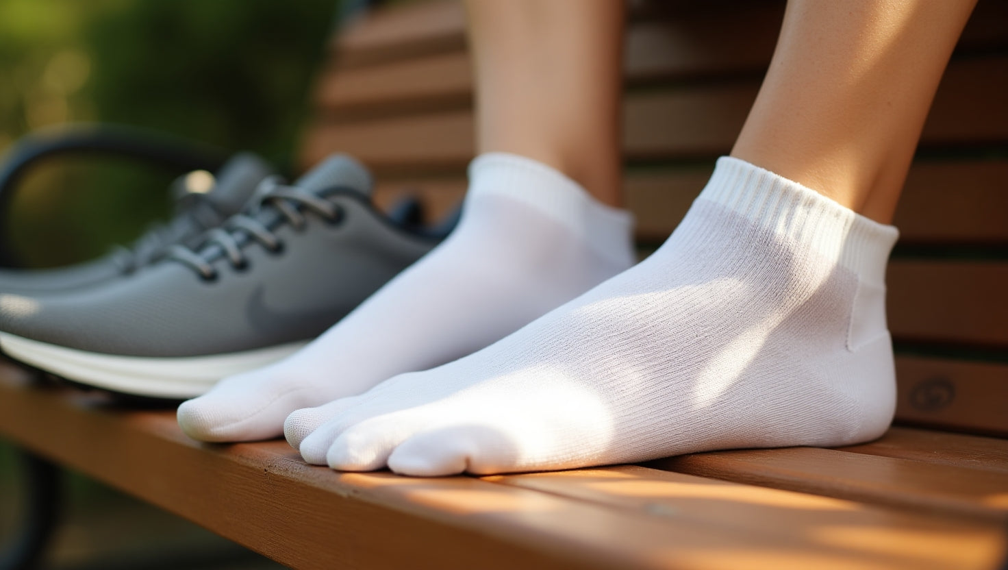 Casual footwear, including a pair of sneakers and white socks, resting on a wooden surface.