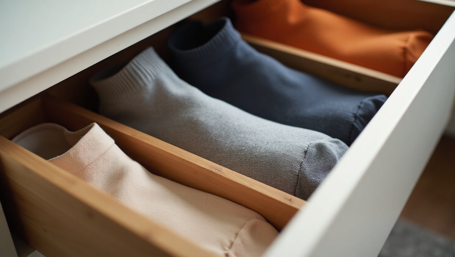Closeup view of a drawer filled with carefully arranged textile items, creating a tidy and organized appearance.