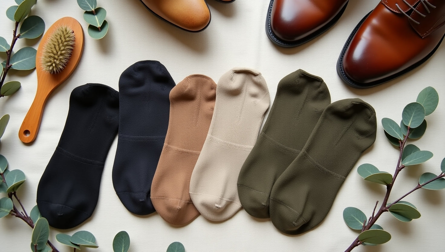 Assortment of neutral-toned socks in a variety of muted colors, including black, dark green, beige, and off-white, arranged alongside leather dress shoes and natural accessories.